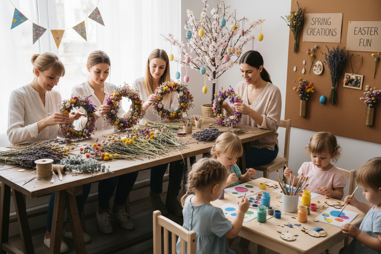 Die Mamas binden einen Trockenblumenkranz, während die Minis liebevoll Osteranhänger bemalen.