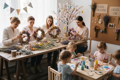 Die Mamas binden einen Trockenblumenkranz, während die Minis liebevoll Osteranhänger bemalen.