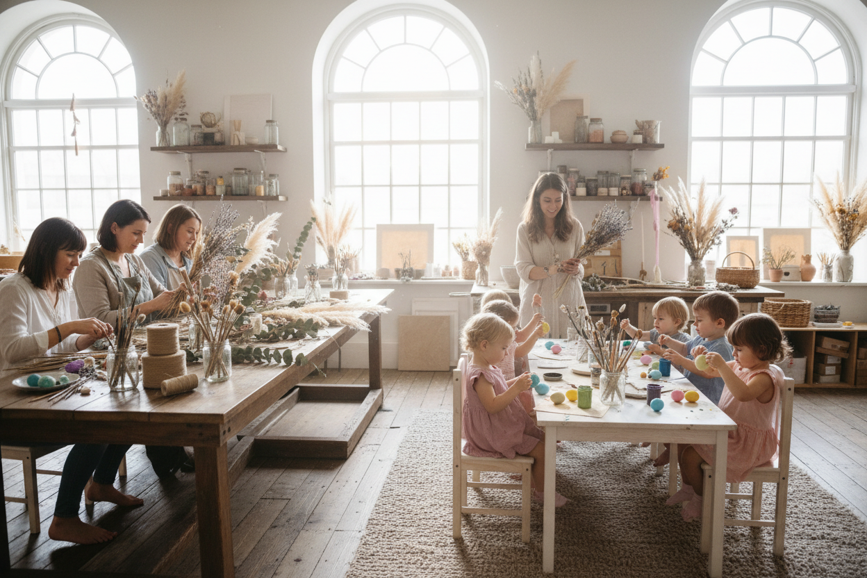 mamas basteln mit Trockenblumen und Minis bemalen ostereier in atelier