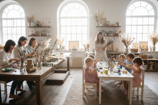 mamas basteln mit Trockenblumen und Minis bemalen ostereier in atelier