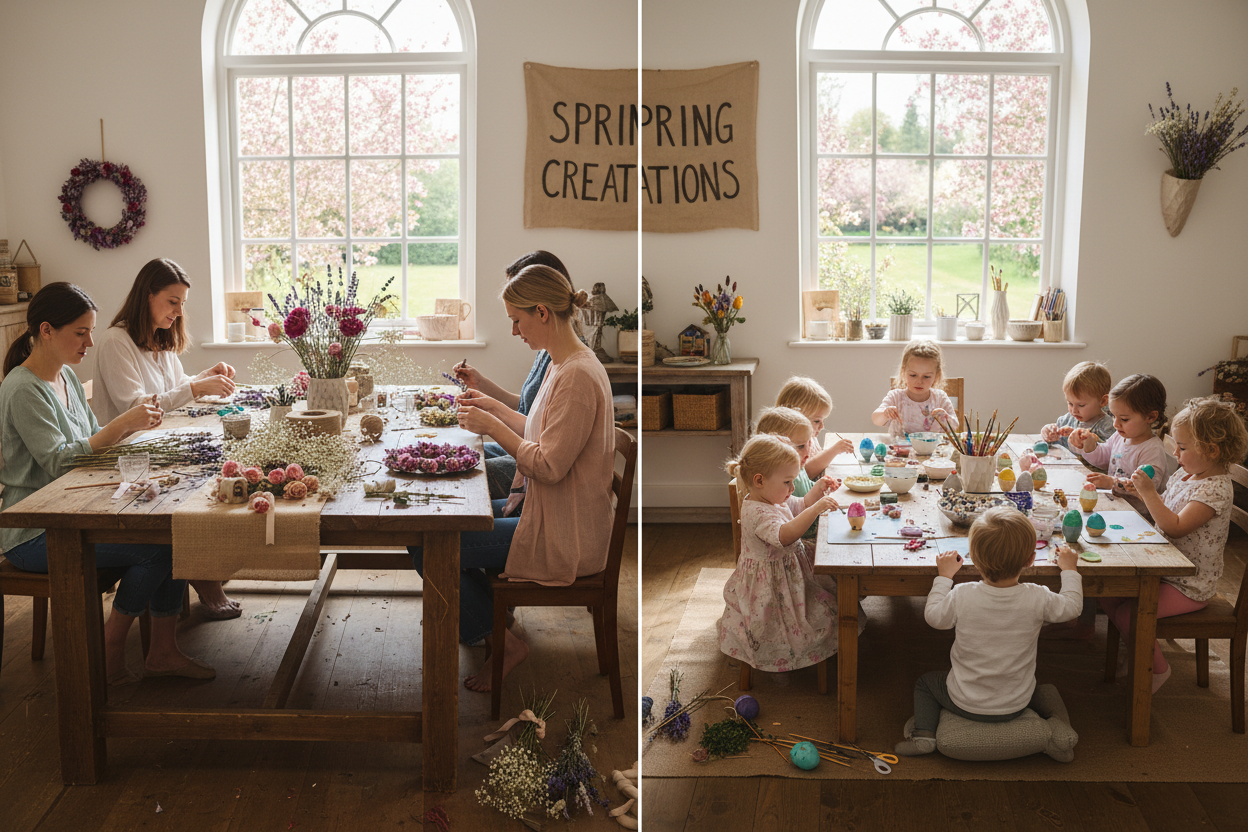 mamas basteln mit Trockenblumen und Minis bemalen ostereier in werkstatt